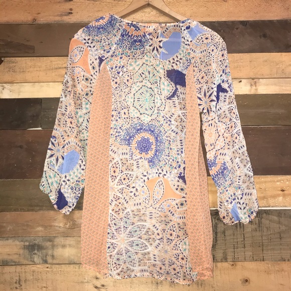 Anthro Meadow Rue Crochet Lace Sheer Geometric Print Peasant Blouse Tunic Top - Picture 4 of 8